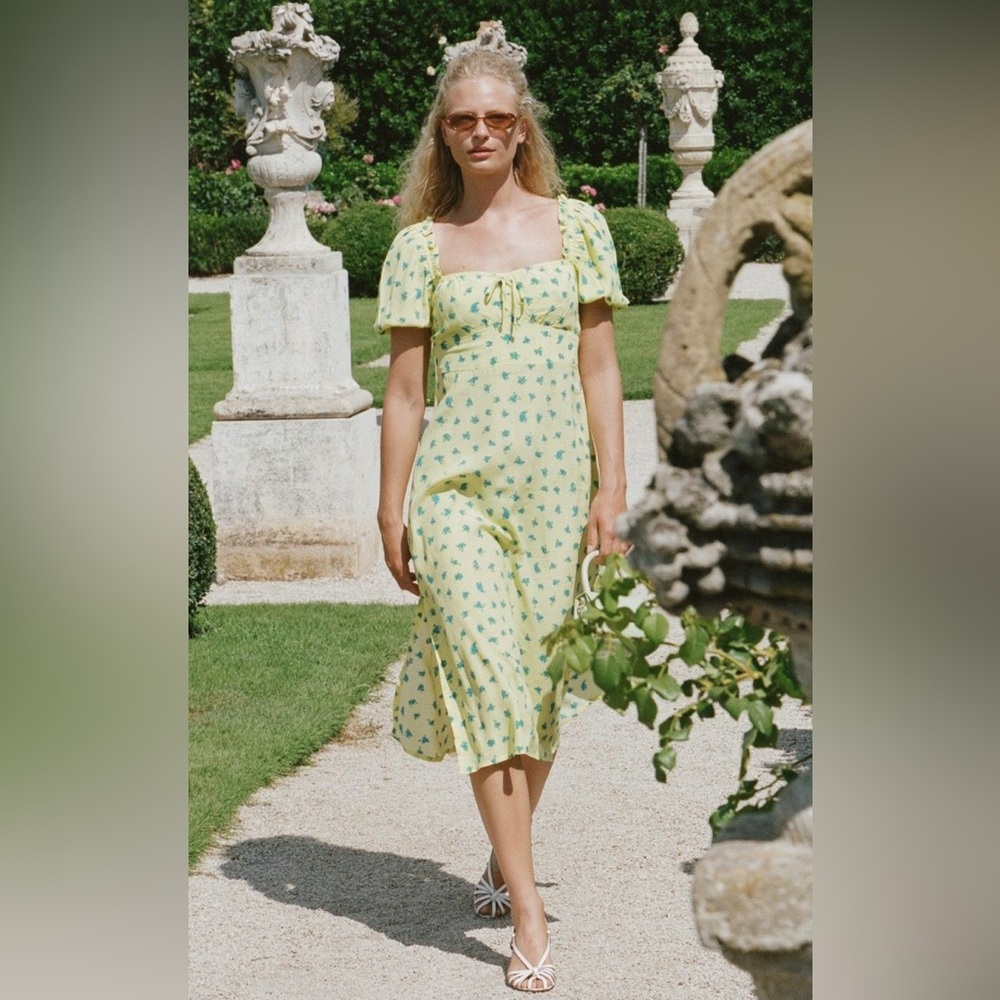 Faithfull The Brand Bette Yellow with Blue Flowers Summer Midi Dress US 6‎